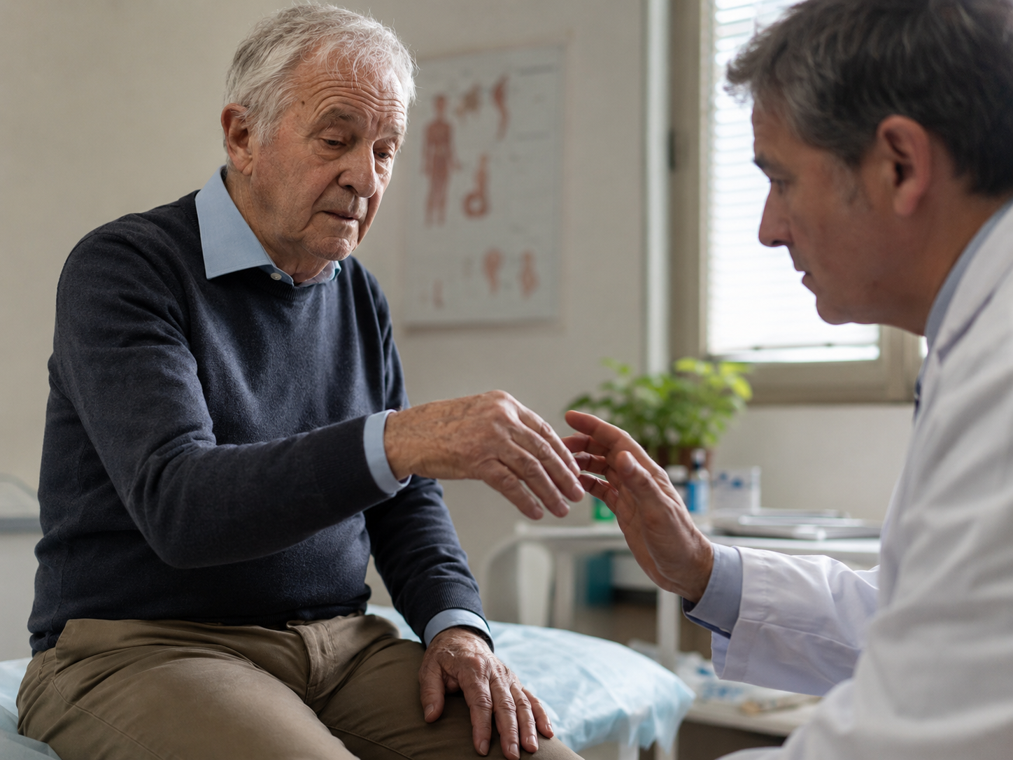idoso com tremor de mão característico do Parkinson sendo avaliado por médico